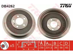 Тормозной барабан SKODA Octavia/Roomster 96-15, VW Bora 09-, Polo седан 10- TRW DB4262