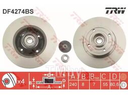 Тормозной диск без подшипника Nissan Tiida (2007-), Renault Clio (2005-), Megane (2003-), Twingo (2007-) R TRW DF4274BS