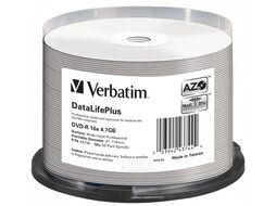 DVD-R 4.7GB 16x Verbatim DataLifePlus AZO Wide Inkjet Printable без ЛОГО по 50 шт. CakeBox 43744