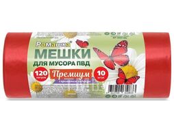 Мешки для мусора, 120 л, 10 шт, "Премиум", красные, РОМАШКА (70х110 см/35мкм)