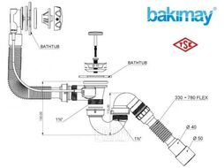 Сифон для ванны автомат U-образный с выпуском и переливом (Lt), с гибкой трубой 40х40/50, BAKIMAY