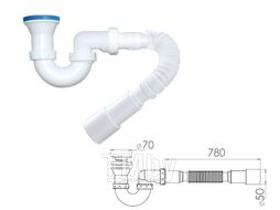 Сифон для душевого поддона U-образный h 130mm, выпуск 70 мм, с гибкой трубой 1 1/2" - 40/50мм, AV En (AV Engineering)