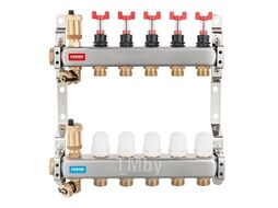 Распределитель стальной 6-контурный с расходомерами-вх и термоклапанами-вых для трубы 16х2мм Ferro SN-RZPU06S