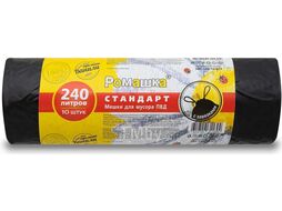 Мешки для мусора с завязками, 240 л, 10 шт, "Стандарт", черные, РОМАШКА (110х115 см/30 мкН)