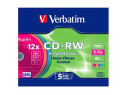 Диск CD-RW 700 Мб 8-12х перезапис. Slim цветн. 5 шт в уп. Verbatim 43167