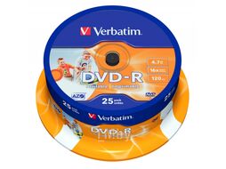 Диск DVD-R 4,7 Гб запис. 16х. 25 шт. на шпинд. AZO Wide Inkjet Printable (Область печати: 21-118mm) Verbatim 43538