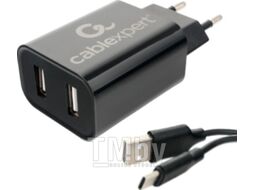 Зарядное устройство MP3A-PC-37 Cablexpert 2xUSB black 5В/2.4A + кабель 1м Type-C