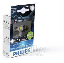 Лампа светодиодная 1шт Festoon X-tremeVision LED T10.5x43 4000K (новые высокомощные светодиоды, ярко белый свет) Philips 129454000KX1