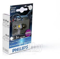 Лампа светодиодная 1шт Festoon X-tremeVision LED T10.5x43 6000K (новые высокомощные светодиоды, эффект ксенона) Philips 129466000KX1