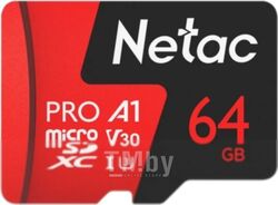 Карта памяти MicroSDXC 64GB V30/A1/C10 Netac P500 Extreme Pro с адаптером