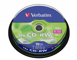 Оптический диск CD-RW 700Mb 12х Verbatim DLP Silver 10 шт. CakeBox 43480