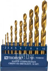 Набор спиральных сверл по металлу HSS TiN в пластиковом кейсе, d1.0-10.0 мм, 10 предметов Thorvik TDBS10