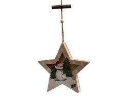Украшение новогоднее деревянное подвесное светящееся "Снеговик со звездой" 2,5x11,5x11,5 см (работает от батареек) Belbohemia