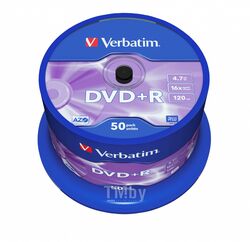 Оптический диск DVD+R 4.7Gb 16x Verbatim DLP Matt Silver по 50 шт. CakeBox 043550