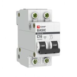 Автоматический выключатель 2P 16А (C) 4,5кА ВА 47-29 EKF Basic mcb4729-2-16C