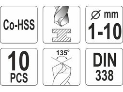 Свёрла по металлу 1,0-10,0мм Co-HSS (набор 10пр.) Yato YT-41603
