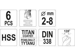 Свёрла по металлу 2-8мм HSS-TiN (набор 6пр.) Yato YT-44673