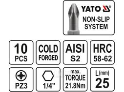 Бита PZ3х25мм 1/4" (10шт) S2 HRC58-62 Yato YT-0472