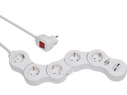 Удлинитель 1.4м (5 роз., 3.3кВт, с/з, 2 USB, выкл., ПВС) гибкий, белый, Brennenstuhl Vario Power (провод 3х1,5мм2; сила тока 16А; 2 USB порта, с/з - с