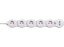Удлинитель 1.4м (5 роз., 3.3кВт, с/з, 2 USB, выкл., ПВС) гибкий, белый, Brennenstuhl Vario Power (провод 3х1,5мм2; сила тока 16А; 2 USB порта, с/з - с