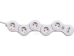 Удлинитель 1.4м (5 роз., 3.3кВт, с/з, 2 USB, выкл., ПВС) гибкий, белый, Brennenstuhl Vario Power (провод 3х1,5мм2; сила тока 16А; 2 USB порта, с/з - с