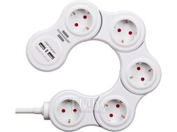 Удлинитель 1.4м (5 роз., 3.3кВт, с/з, 2 USB, выкл., ПВС) гибкий, белый, Brennenstuhl Vario Power (провод 3х1,5мм2; сила тока 16А; 2 USB порта, с/з - с