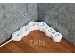 Удлинитель 1.4м (5 роз., 3.3кВт, с/з, 2 USB, выкл., ПВС) гибкий, белый, Brennenstuhl Vario Power (провод 3х1,5мм2; сила тока 16А; 2 USB порта, с/з - с