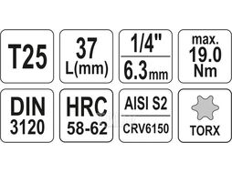 Головка 1/4" - вставка Т25 L37мм Yato YT-04305
