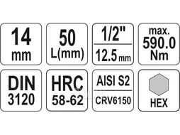 Головка 1/2" - вставка HEX 14 L55мм Yato YT-04387