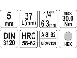 Головка 1/4" - вставка HEX 5 L37мм Yato YT-04372