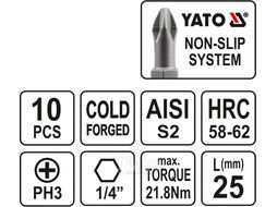 Бита PH3х25мм 1/4" (10шт) S2 HRC58-62 Yato YT-0476