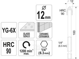 Сверла по плитке и стеклу Sthor с хвостовиком HEX 12.0x60мм 21706