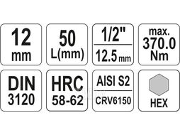 Головка 1/2" - вставка HEX 12 L55мм Yato YT-04386