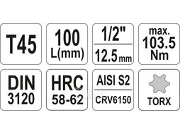 Головка 1/2" - вставка sec. T45 L100мм Yato YT-04325
