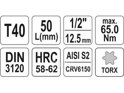 Головка 1/2" - вставка T40 L55мм Yato YT-04314
