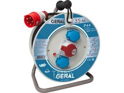 Удлинитель GERAL 35м, 3 роз, 32А/5p+2х16A евро, 11кВт, 5х2,5мм, резин.кабель, IP44, 380В, катушка G111914