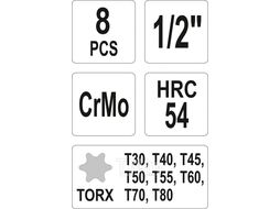 Набор ударных насадок 1/2" TORX Т30-T80 (8пр) CrMo, HRC54 Yato YT-1065