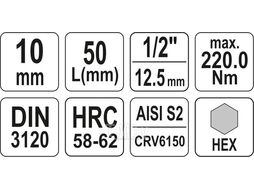 Головка 1/2" - вставка HEX 10 L55мм Yato YT-04385