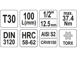 Головка 1/2" - вставка sec. T30 L100мм Yato YT-04323