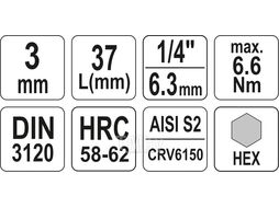 Головка 1/4" - вставка HEX 3 L37мм Yato YT-04370