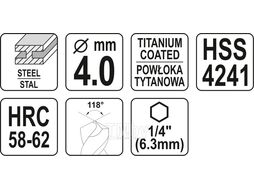 Сверло-шарошка по металлу 4.0мм HSS-TiN с хвостовиком HEX Yato YT-44821