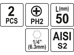 Бита PH2х50мм 1/4" (2шт) AlSl S2 Yato YT-77876