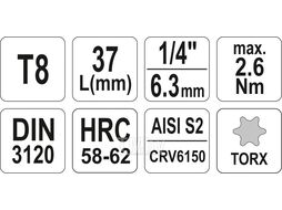 Головка 1/4" - вставка Т8 L37мм Yato YT-04301