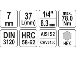 Головка 1/4" - вставка HEX 7 L37мм Yato YT-04374