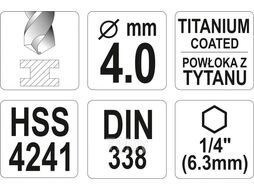 Сверло по металлу HSS-TiN 4,0мм с хвостовиком HEX Yato YT-44757