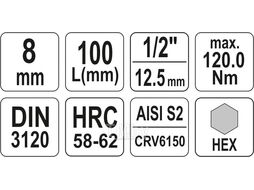 Головка 1/2" - вставка HEX 8 L100мм Yato YT-04394