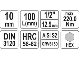 Головка 1/2" - вставка HEX 10 L100мм Yato YT-04395