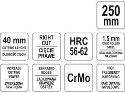 Ножницы по металлу правые 40х250мм CrMo, HRC60-62 Yato YT-1961