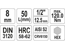 Головка 1/2" - вставка HEX 8 L55мм Yato YT-04384