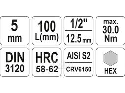 Головка 1/2" - вставка HEX 5 L100мм Yato YT-04391